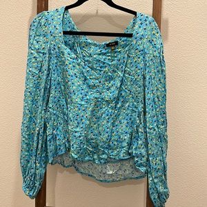 AFRM Women’s Floral Peplum Blouse Balloon Sleeves Blue